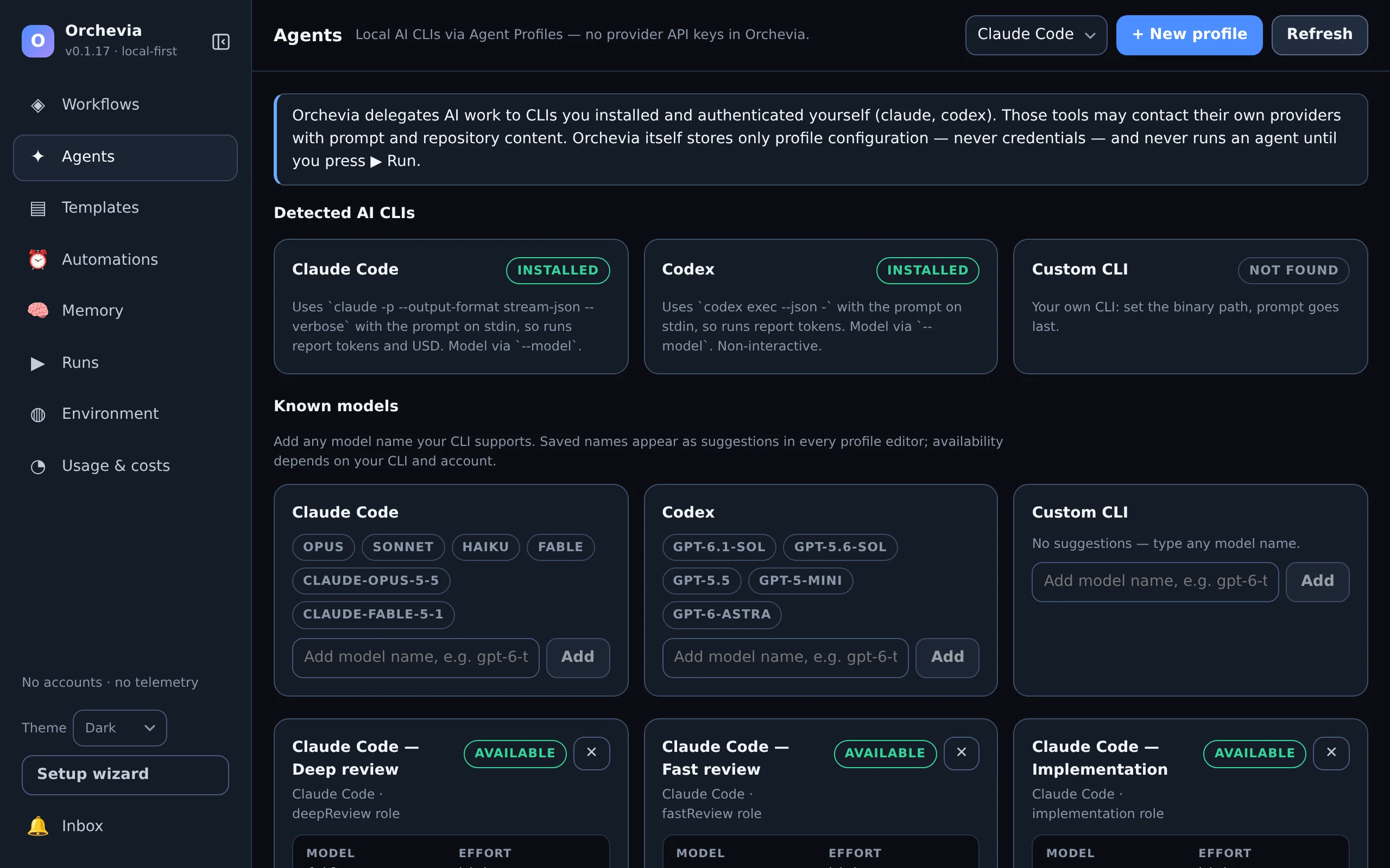The Agents page: Claude Code and Codex detected as installed, their known models, and agent profiles for each role.