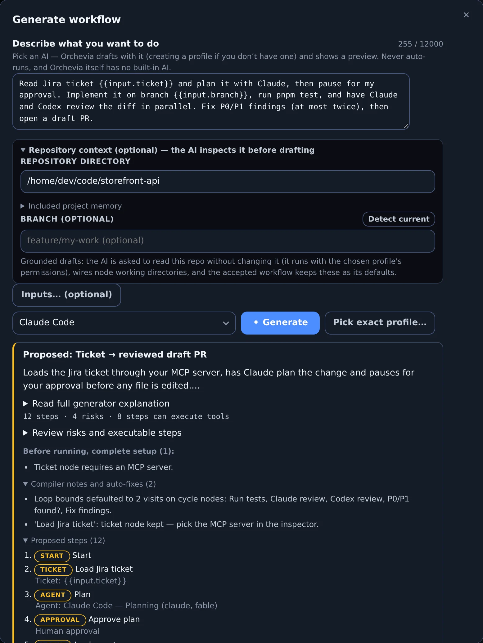 The Generate workflow dialog: a goal describing a ticket-to-PR flow, a repository directory, and a preview listing 12 steps, 4 risk categories, one setup item, the compiler notes and the proposed steps.